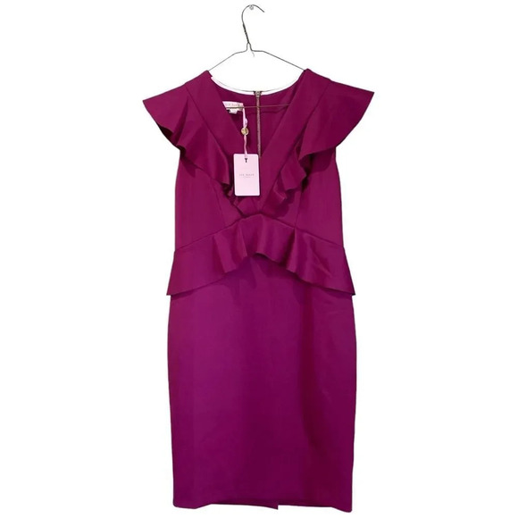 NWT TED BAKER Alair Ruffle Peplum Bodycon Dress Hot Pink Size 3 US Size 8 - Picture 2 of 10